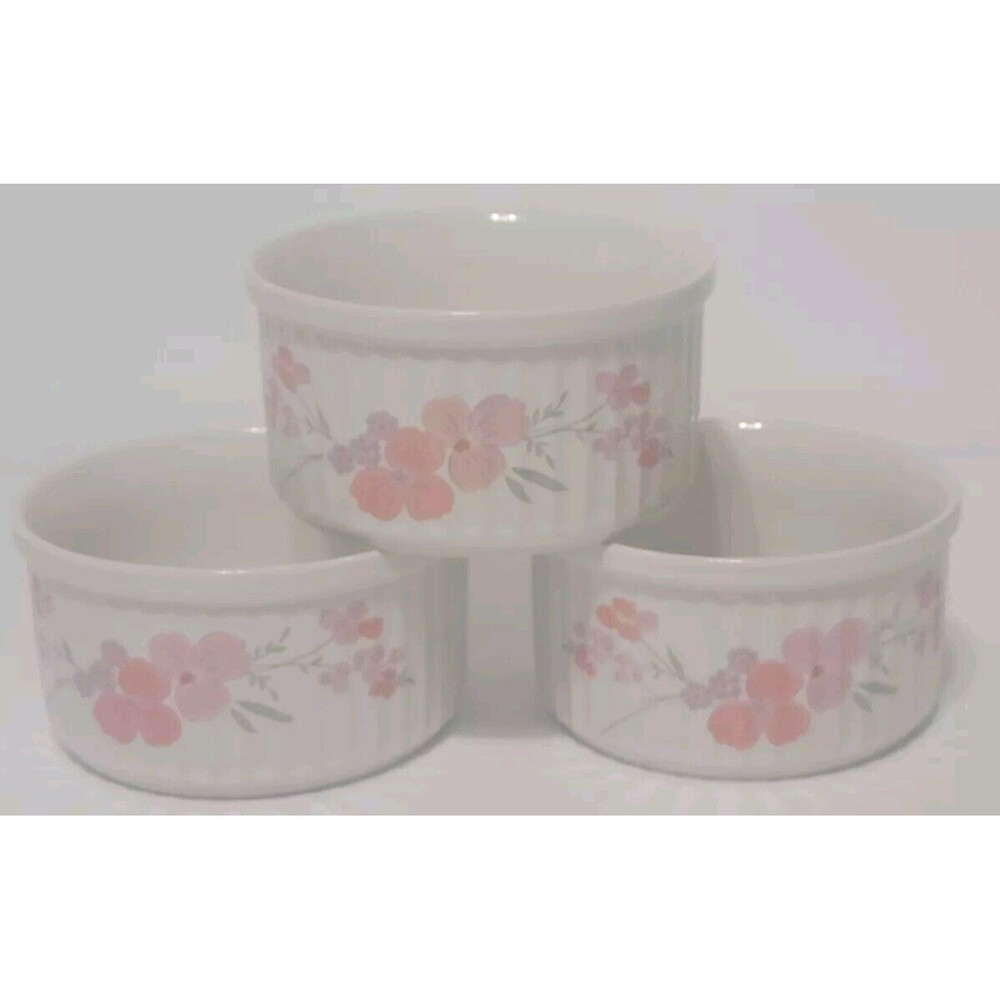 Vintage Galleria Collection Stoneware Ramekins Pink Flowers 1985 Set of 3